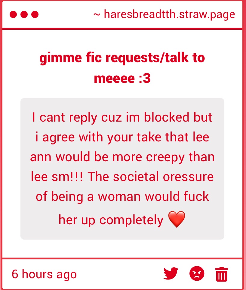 haresbreadtth's tweet image. thank you to this anon cause i didn’t realize how many accounts i had blocked on clinical trial twitter my bad 💔💔 (i unblocked like 30+ people,,,)
accidentally deleted the op earlier on accident but yes deranged butch is my favorite flavour of Lee-Ann
