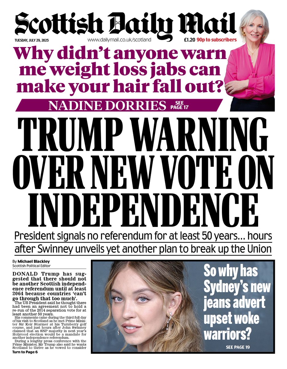 🗞️ Tuesday's Scottish Daily Mail front page: Trump warning on new vote on independence

#TomorrowsPapersToday #scotpapers 
👉 Read more on #MailOnline  dailymail.co.uk/scotland