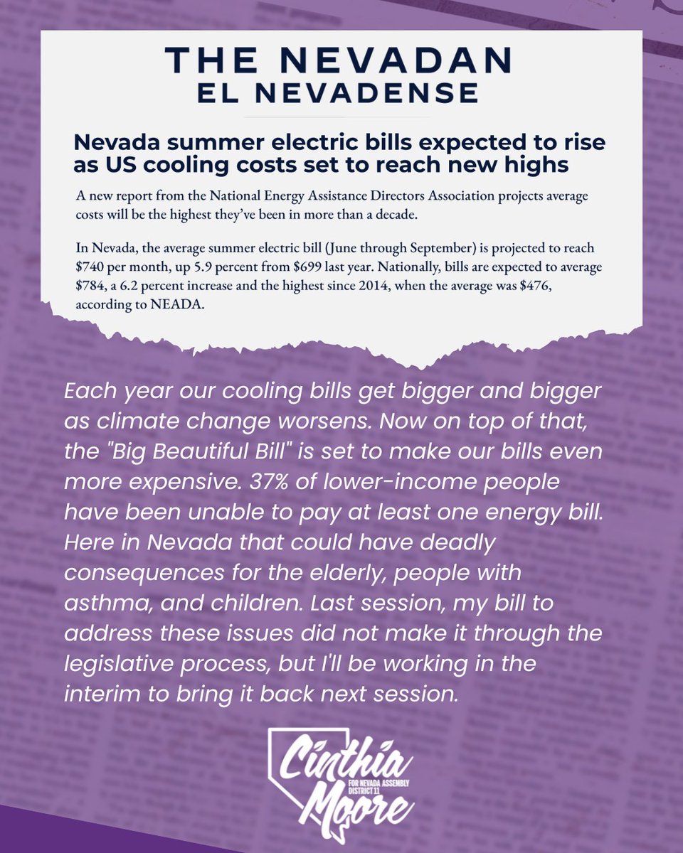 Each year our cooling bills get bigger and bigger as climate change worsens. Now on top of that, the "Big Beautiful Bill" is set to make our bills even more expensive. 37% of lower-income people have been unable to pay at least one energy bill.
thenevadannews.com/2025/06/05/nev…