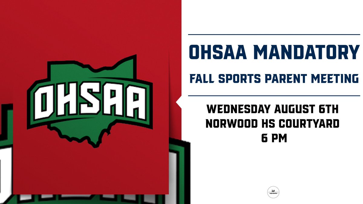 Norwood Indians (@norwoodindians) on Twitter photo Fall Sports are around the corner!
Join us next Wednesday August 6th for our Mandatory <a href="/OHSAASports/">OHSAA Sports</a> Fall Sports Parent Meeting!
The meeting will be held in the Norwood HS Courtyard. We highly recommend portable seating or blankets.
Get tickets here!
events.hometownticketing.com/boxoffice/norw… Fall Sports are around the corner!
Join us next Wednesday August 6th for our Mandatory <a href="/OHSAASports/">OHSAA Sports</a> Fall Sports Parent Meeting!
The meeting will be held in the Norwood HS Courtyard. We highly recommend portable seating or blankets.
Get tickets here!
events.hometownticketing.com/boxoffice/norw…