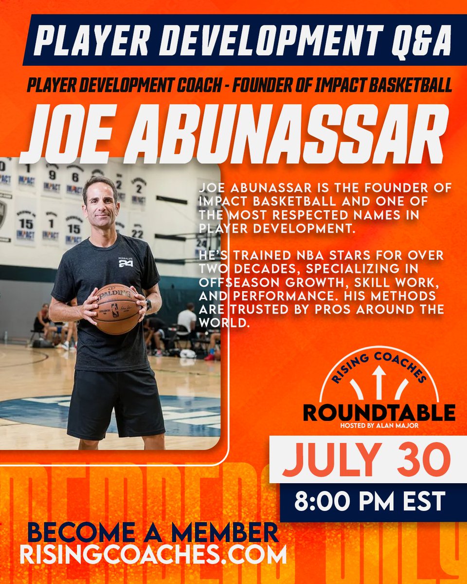 RisingCoaches's tweet image. 🚨 Members Only Roundtable 🚨
This week we're joined by one of the best in the game — @Joe_Abunassar of Impact Basketball. He’ll dive into pro player development in the offseason and stick around for an open Q&A.
📅 Don’t miss it, Rising Coaches Members!