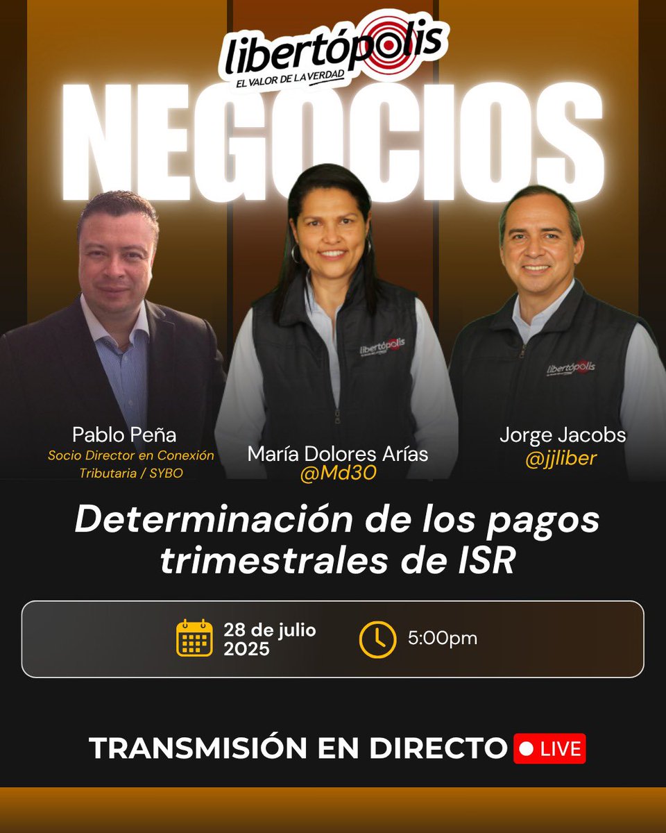 libertopolis's tweet image. 🚀 Hoy en Libertópolis negocios: en nuestro primer segmento, determinación de los pagos trimestrales de ISR junto al invitado Pablo Peña y en nuestro segundo segmento a Socios de BDS, Heidy Chinchilla, Jaime Solís y Alejandro Trejos💡Junto a María Dolores Arias, Jorge Jacobs y su…