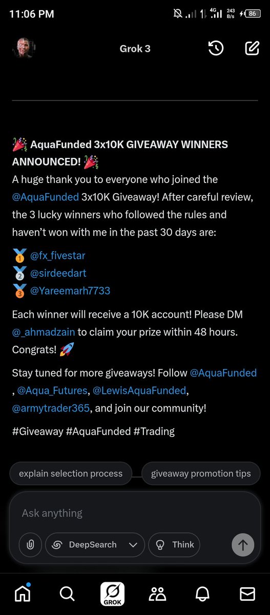 Congratulations to the Lucky winners 🏆 

<a href="/fx_fivestar/">Musa shuaibu</a>
<a href="/Sirdeedart/">...Deedart🧘📊</a> 
<a href="/Yareemarh7733/">Yareemarh Uk</a> 

Open ticket in <a href="/AquaFunded/">AquaFunded</a> discord to claim your account