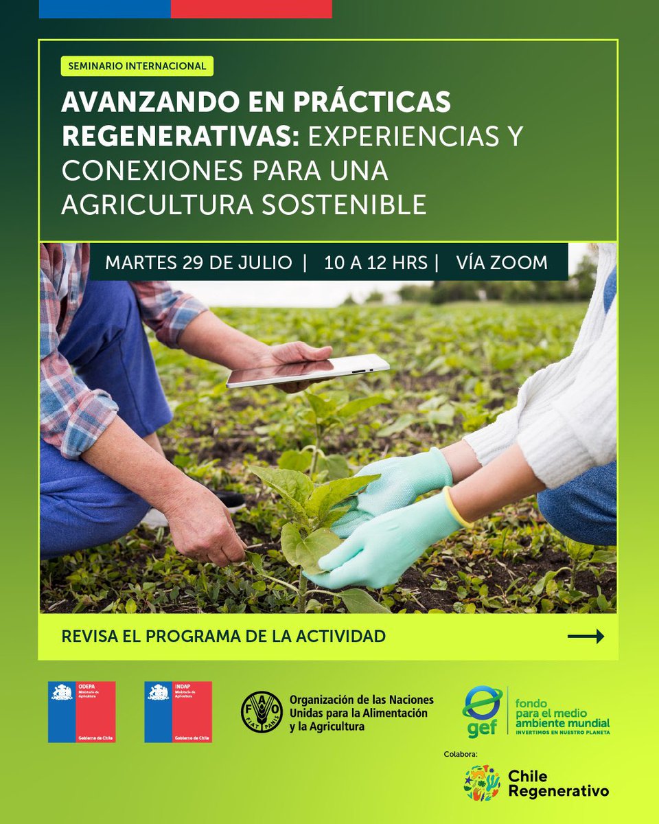 FAOChile's tweet image. ¡Mañana! 🔔
🖥️ Participa del webinar “Avanzando en prácticas regenerativas: Experiencias y conexiones para una Agricultura sostenible”.
⏰ 10:00 am.
Inscríbete ➡️
us02web.zoom.us/meeting/regist…
@ODEPA @INDAP_Chile @theGEF