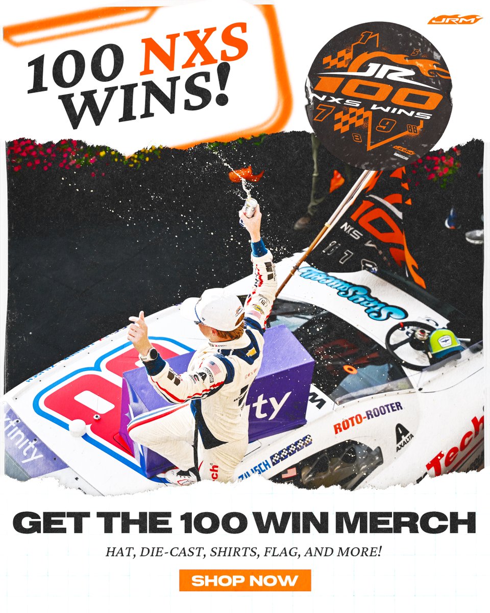 A win we'll never forget.

Commemorate the milestone with a special collection of merchandise to celebrate JR Motorsports' 100th NASCAR Xfinity Series win. 

Shop now: shopjrnation.com/dept/100-nxs-w…