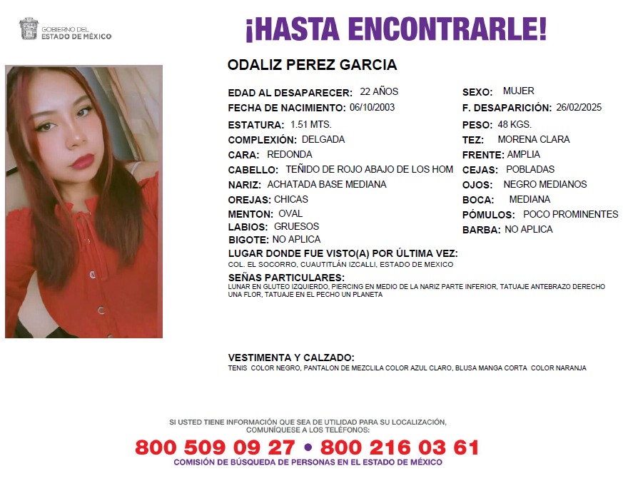 Solicitamos de tu apoyo en difusión para dar pronta localización a Odaliz Pérez García, comunícate a los teléfonos de COBUPEM 800 216 0361, 800 509 0927. #TodosEnLaBúsqueda