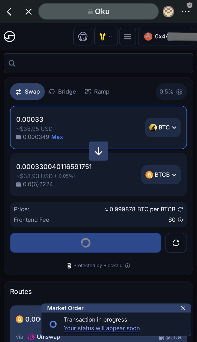 CryptPshyc's tweet image. 🟡 Okay I just made my first GOAT Network transaction on @okutrade
📍 40$ on USDC.e ➢ 0.00033 $BTC on GOAT Network
Then
📍 $BTC On GOAT Network ➢ $BTCB On GOAT Network.
Seamless
Hassle free and
Low gas fee
LFGOAT!