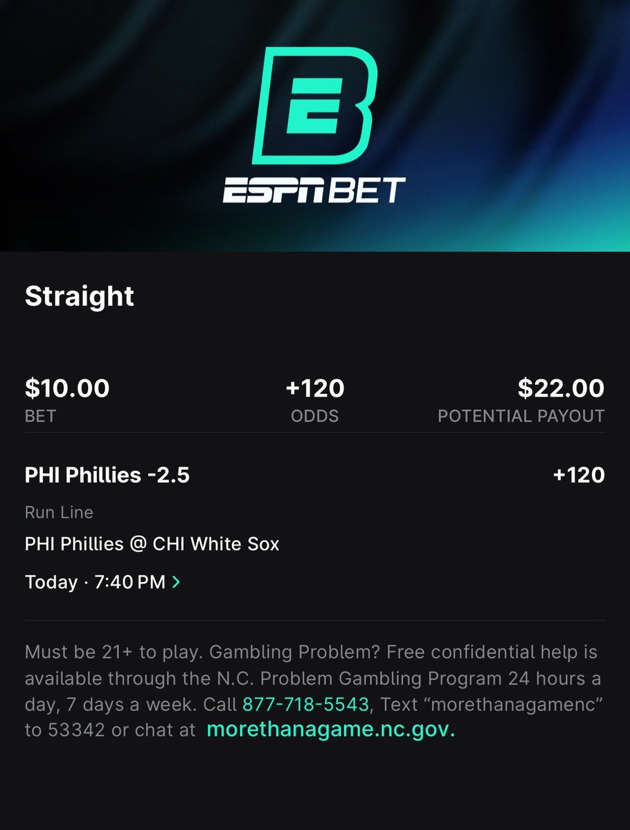 GhostEVplays's tweet image. ⚾️ ESPN BET MLB +EV Play
⚾️ +120 Phillies -2.5 Spread (FV +119.01)
+EV: 0.45%
Playing: 0.10 Units
#espn #espnbet #sports #mlb #baseball
