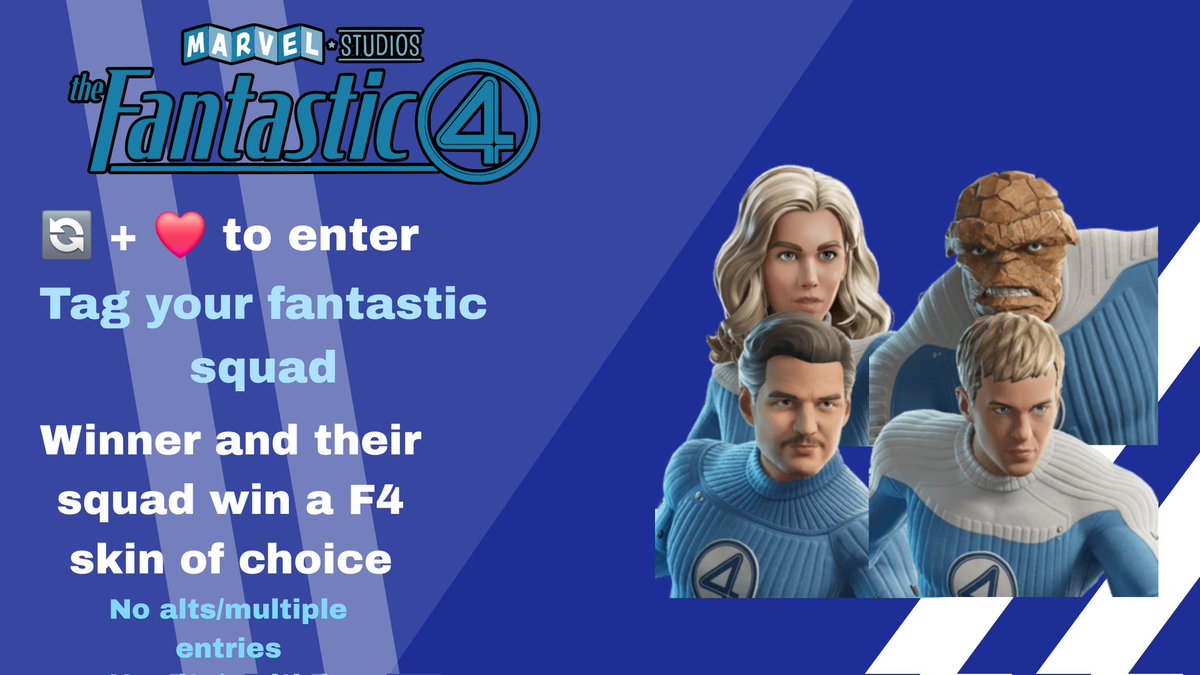 🎁 Fantastic 4 Squad Giveaway 🎁

- Follow Me, <a href="/notsiro1/">Siro🍉</a> &amp; <a href="/Chancing11/">r2d2ru</a> 

- Retweet ♻️

- Tag 3 friends to form a squad. The winner and their 3 friends they tagged will get a skin of choice from the F4 bundle❗

Ends in 24 Hours ⏳ Goodluck 🍀