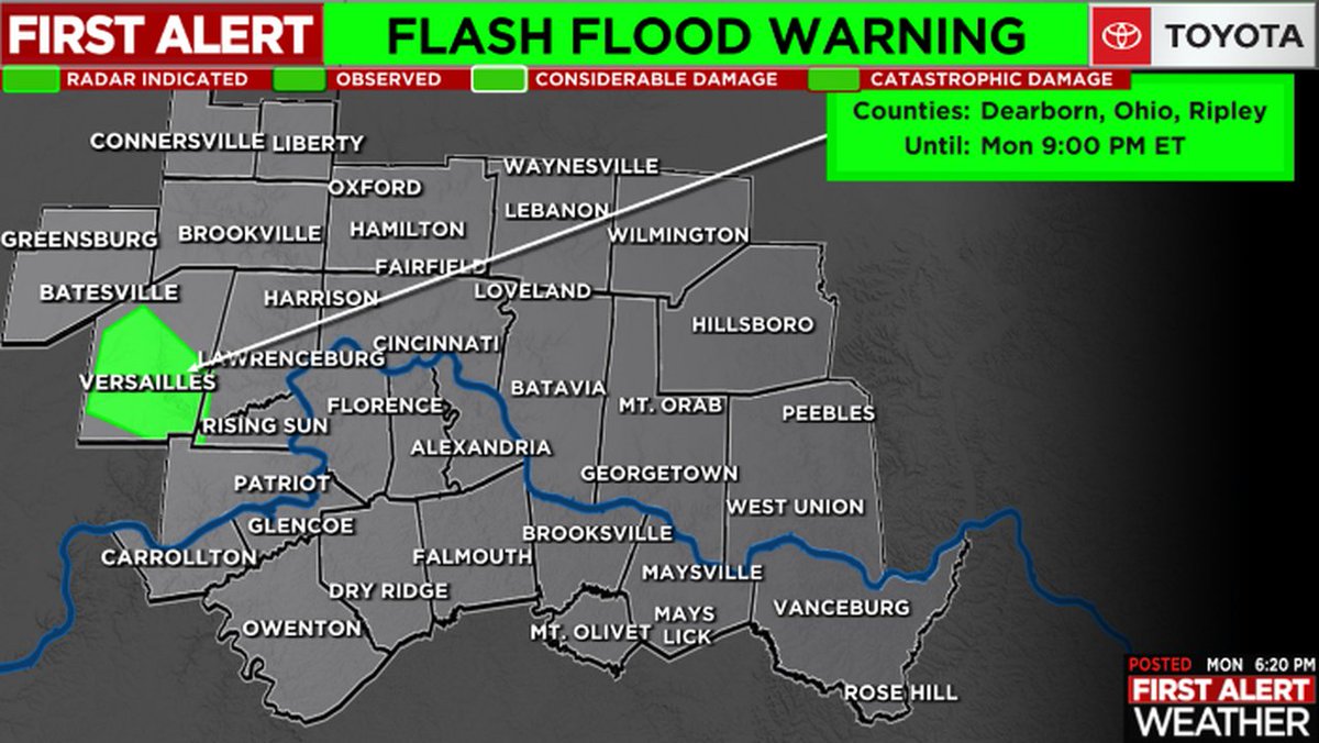 FOX19's tweet image. A *FLASH FLOOD WARNING* has been issued for highlighted areas of the FOX19 NOW viewing area. TURN AROUND, DON'T DROWN! Move to higher ground if you're near rising waters! For more info, please go to fox19.com/weather?utm_so… & stay up to date on the First Alert Weather app!…
