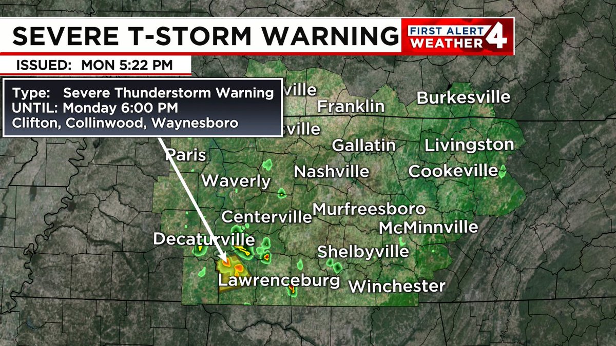 WSMV's tweet image. SEVERE THUNDERSTORM WARNING: 60mph+ wind gusts and/or 1" diameter hail or larger are possible in the highlighted area. Remain indoors & away from windows until this storm passes. Tune to WSMV NEWS4 for the latest on this dangerous storm. #FirstAlert