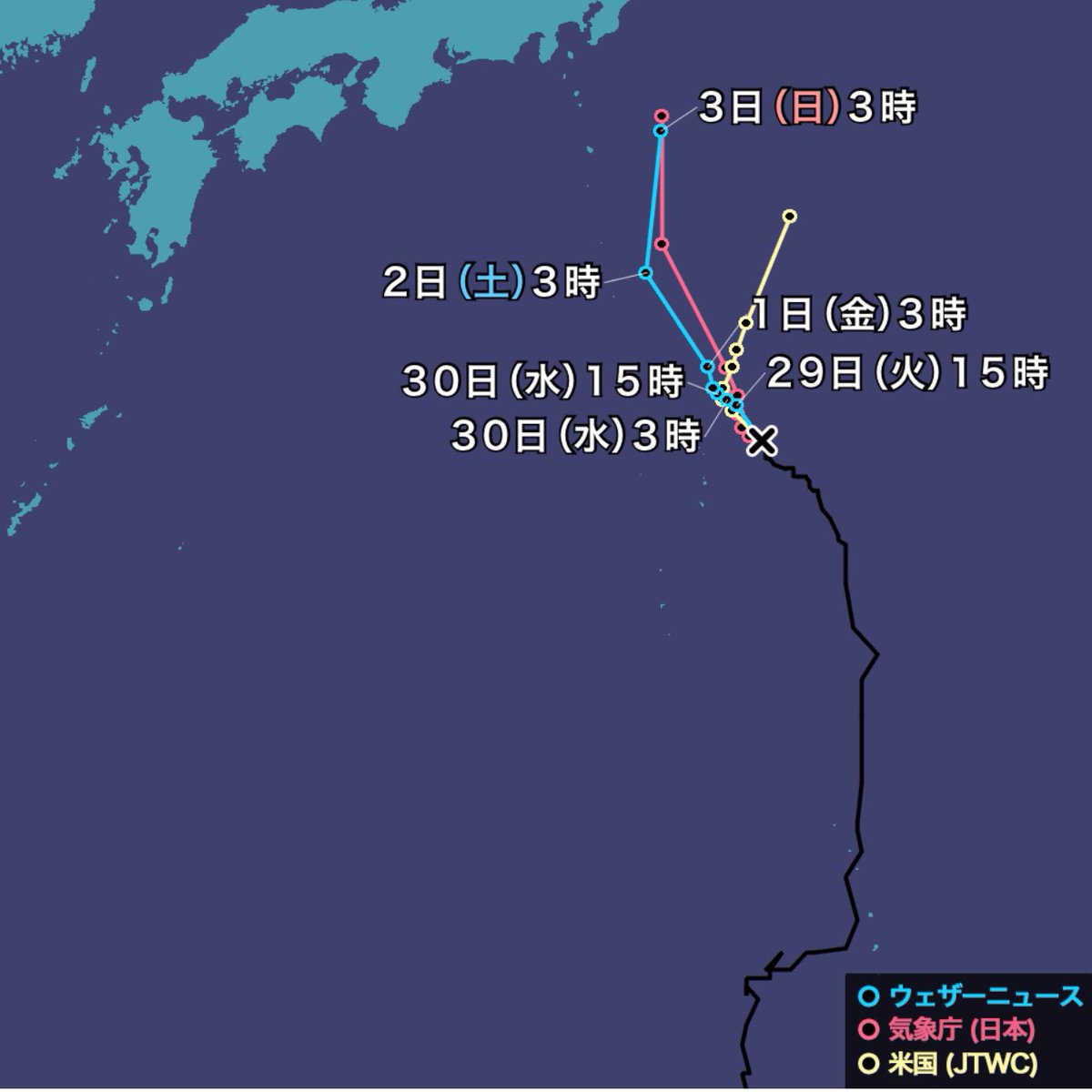 livraison1's tweet image. #台風9号🌀進路が定りません
米国🇺🇸予測は大きく東に外れる
予防円左を通れば東海地方直撃の可能性も
何にしても週末か
空梅雨で水不足 恵の雨☔で済むと良いが
#台風 #暴風 #豪雨
