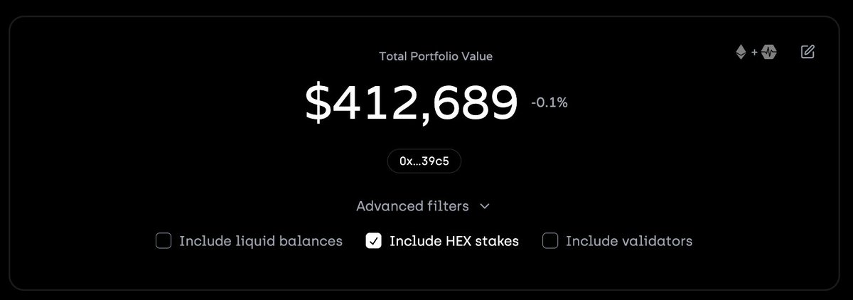 hexgeta's tweet image. Wow this is how much $ the Godwhale would be able to get out today if he EES's his entire stack. Only ~0.5% of his paper HEX value.
Who wants this feature to check their portfolio in terms of max extractable value after EES?
