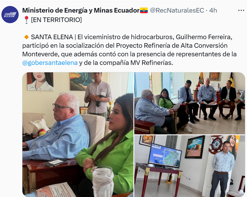 Sr. Presidente <a href="/DanielNoboaOk/">Daniel Noboa Azin</a> ,mientras estuvo de viceministro  Ing. Ferreira, se habló de  nueva Refinería en Santa Elena. Hoy que tenemos nueva viceministra @MaDanielaConde, silencio absoluto. Por favor odene a <a href="/inesmanzano/">Ines Manzano</a> informe al país sobre el particular. @RecNaturalesEC