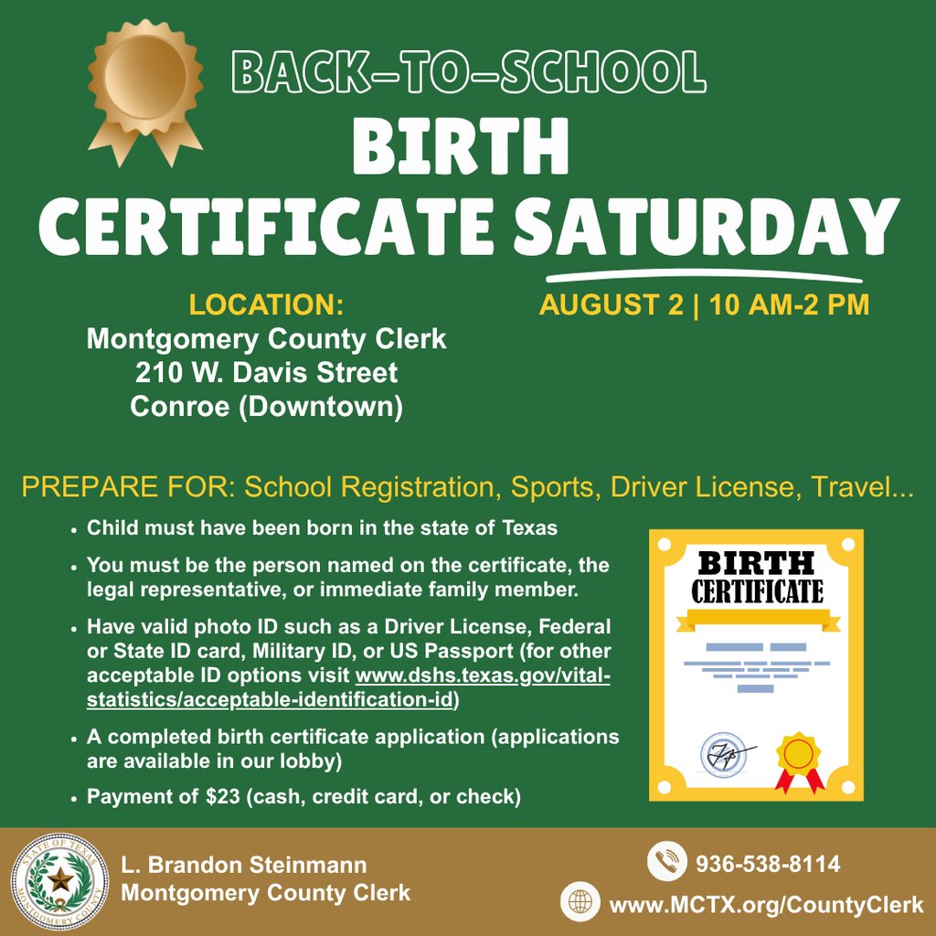 ACESCISD's tweet image. The Montgomery County Clerk&apos;s Office will be open during special hours Saturday, August 2, from 10 a.m. to 2 p.m. for families needing a copy of their student&apos;s birth certificate to complete school registration. Visit MCTX.org/CountyClerk.