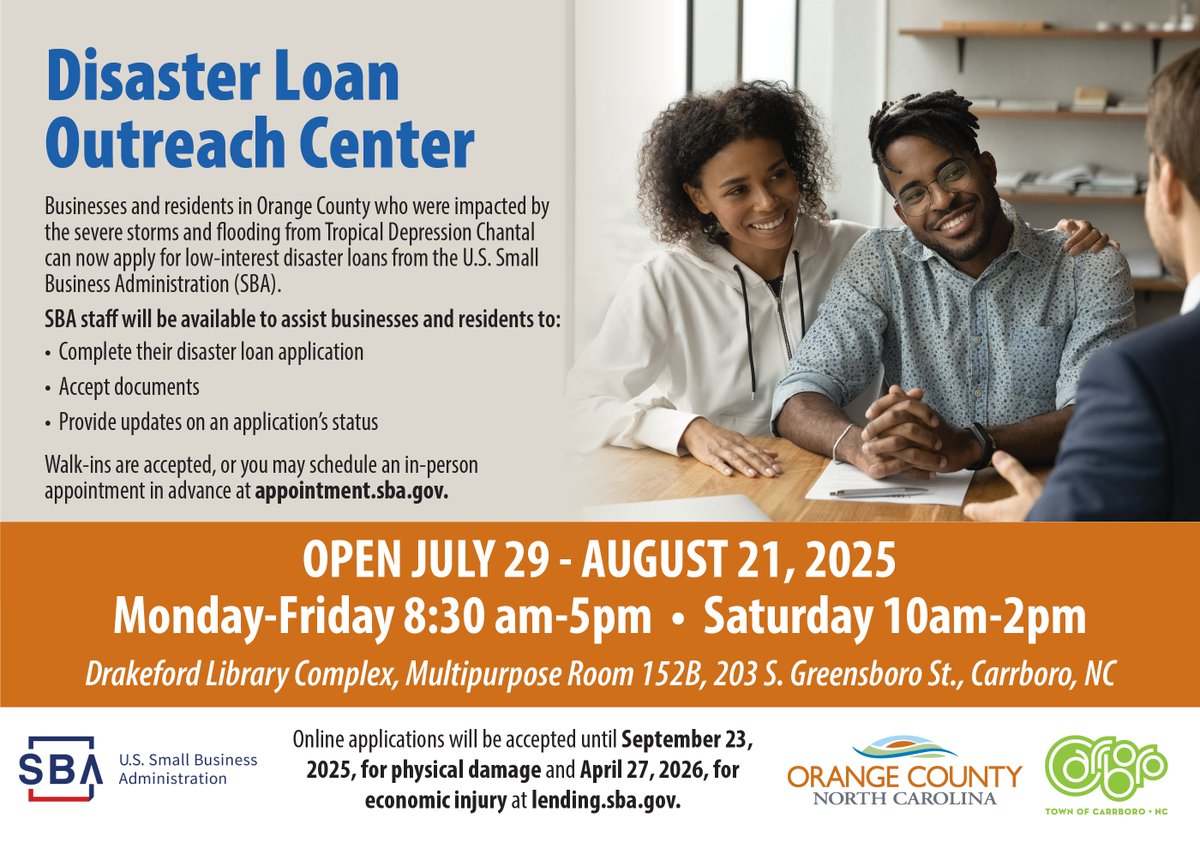 Those affected by the flooding due to Tropical Depression Chantal are now eligible to apply for low-interest disaster loans from the SBA. The SBA will open Disaster Loan Outreach Centers from Tues., July 29 at 9:30 a.m. to Sat., August 21 at 1:00 p.m. 
orangecountync.gov/CivicAlerts.as…