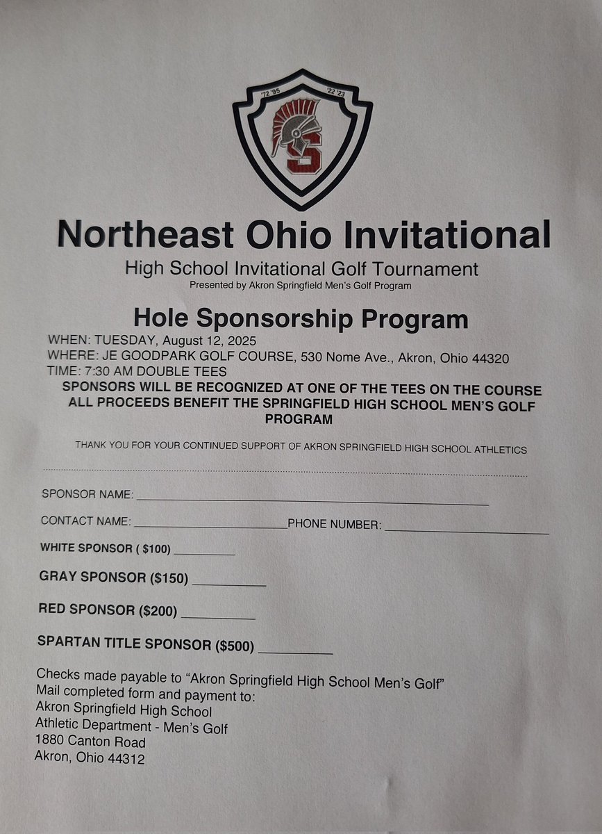 Springfield Spartans Boys Golf (@golf_spartans) on Twitter photo Looking for sponsors for the Spartans boys golf and the Northeast Ohio Invitational.
<a href="/SHSAthleticDept/">Springfield Athletic Department</a> Looking for sponsors for the Spartans boys golf and the Northeast Ohio Invitational.
<a href="/SHSAthleticDept/">Springfield Athletic Department</a>