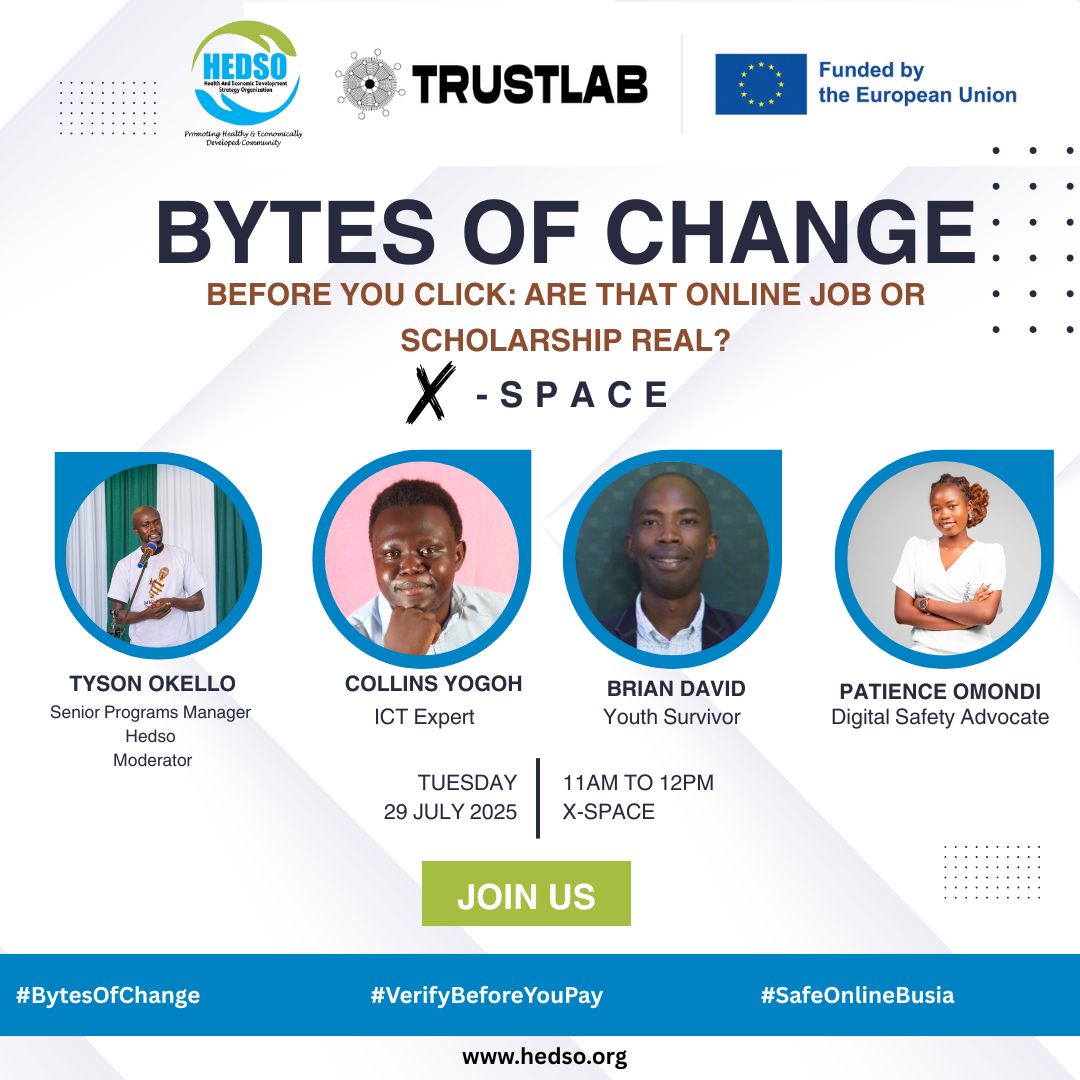 OfficialPeshii's tweet image. Are those online job offers or scholarships legit or are you on the verge of being scammed?
Join us this today, Tuesday, 29th July 2025 from 11AM to 12PM on X Space for an eye opening conversation about digital safety.
@HEDSOorg 
#Bytesofchange 
#DigitalSafety