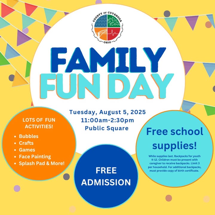 GCRTA's tweet image. Get ready, Cuyahoga County! π Family Fun Day is back! Join us at Public Square on Tuesday, August 5, 2025, from 11 AM - 2:30 PM for an awesome day! We'll have fun activities, great resources, and FREE school supply-filled backpacks (while supplies last)! π See you there! π