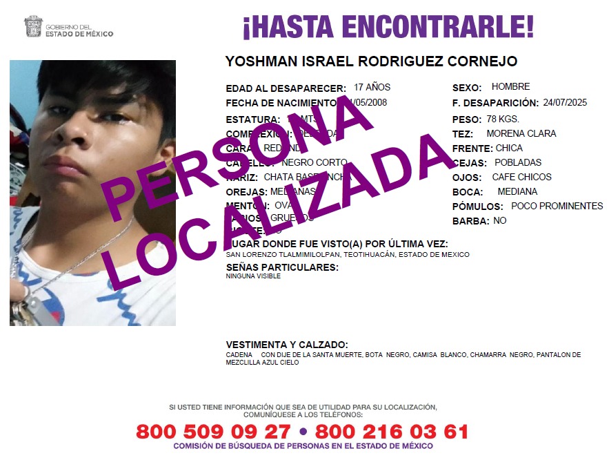 ¡Gracias por tu apoyo! La siguiente persona ya ha sido localizada. #TodosEnLaBúsqueda