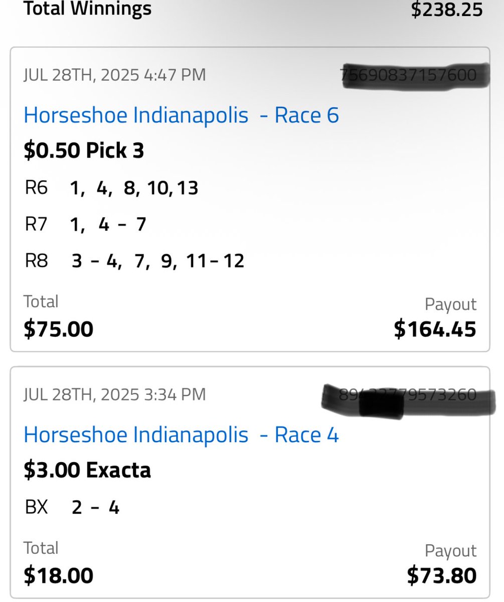 Not a bad Monday at Horseshoe Indy in the slop. Used the winnings from the exacta for the late P3 and a 22-1 longshot got’er done.