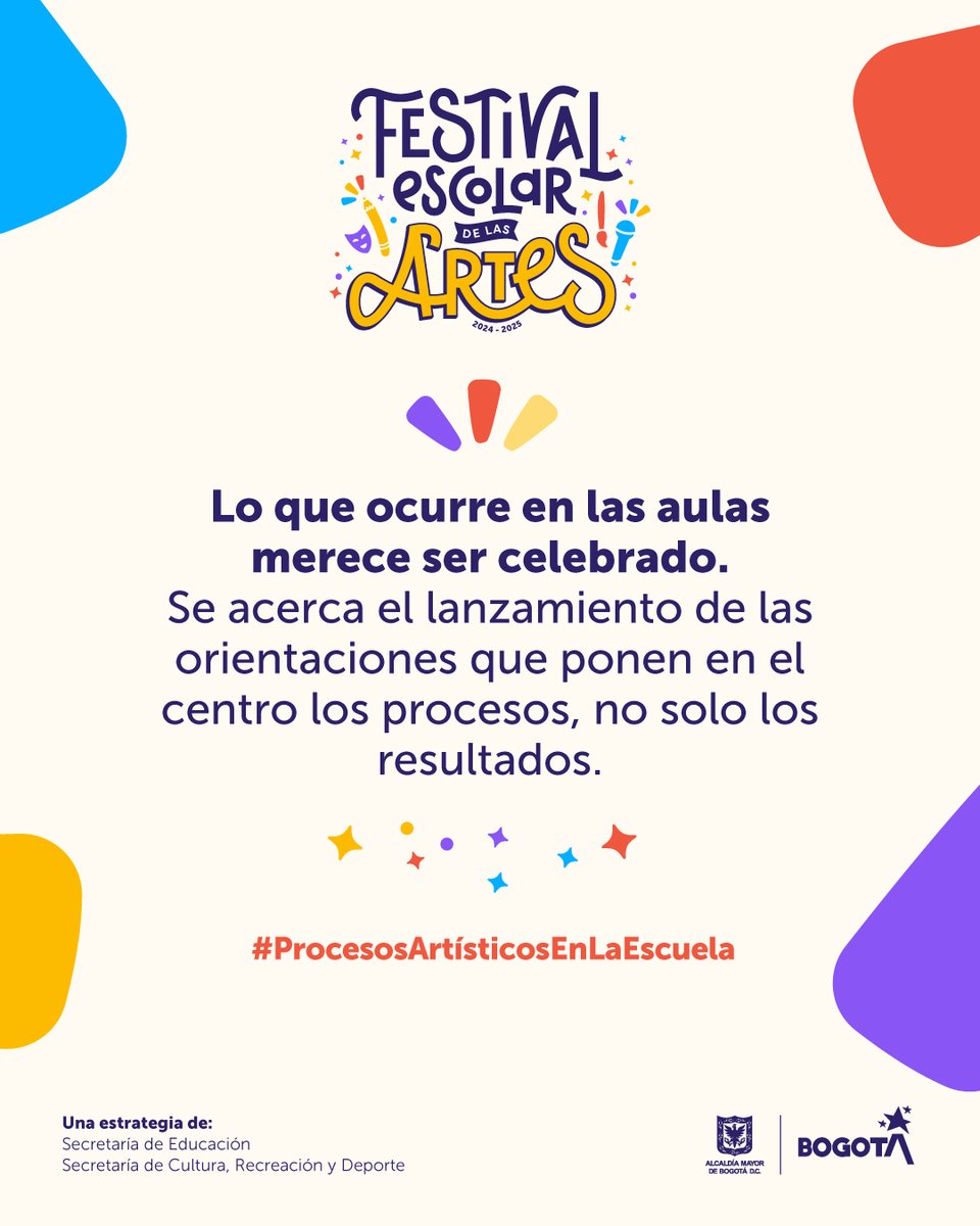 Educacionbogota's tweet image. ¡En el Festival Escolar De Las Artes donde nace una idea, nace un proceso artístico! 🧑🎨🎨
Muy pronto socializaremos el documento de Orientaciones Pedagógicas y de Participación, una ruta que define las condiciones para que la participación sea significativa, reflexiva y…