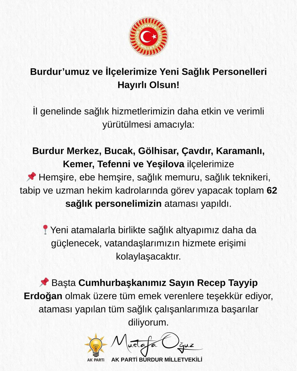 Burdur Gündem (@burdurgundem) on Twitter photo MİLLETVEKİLİ MUSTAFA OĞUZ DUYURDU Burdur ve İlçelerine Sağlık Takviyesi
Burdur’un sağlık altyapısı yeni atamalarla güç kazanıyor. Burdur merkez ve 7 ilçeye hemşire, ebe, sağlık memuru, teknik personel ve doktor kadrolarında toplam 62 yeni sağlık çalışanı atandı. <a href="/mvmustafaoguz/">Mustafa Oğuz 🇹🇷</a> MİLLETVEKİLİ MUSTAFA OĞUZ DUYURDU Burdur ve İlçelerine Sağlık Takviyesi
Burdur’un sağlık altyapısı yeni atamalarla güç kazanıyor. Burdur merkez ve 7 ilçeye hemşire, ebe, sağlık memuru, teknik personel ve doktor kadrolarında toplam 62 yeni sağlık çalışanı atandı. <a href="/mvmustafaoguz/">Mustafa Oğuz 🇹🇷</a>