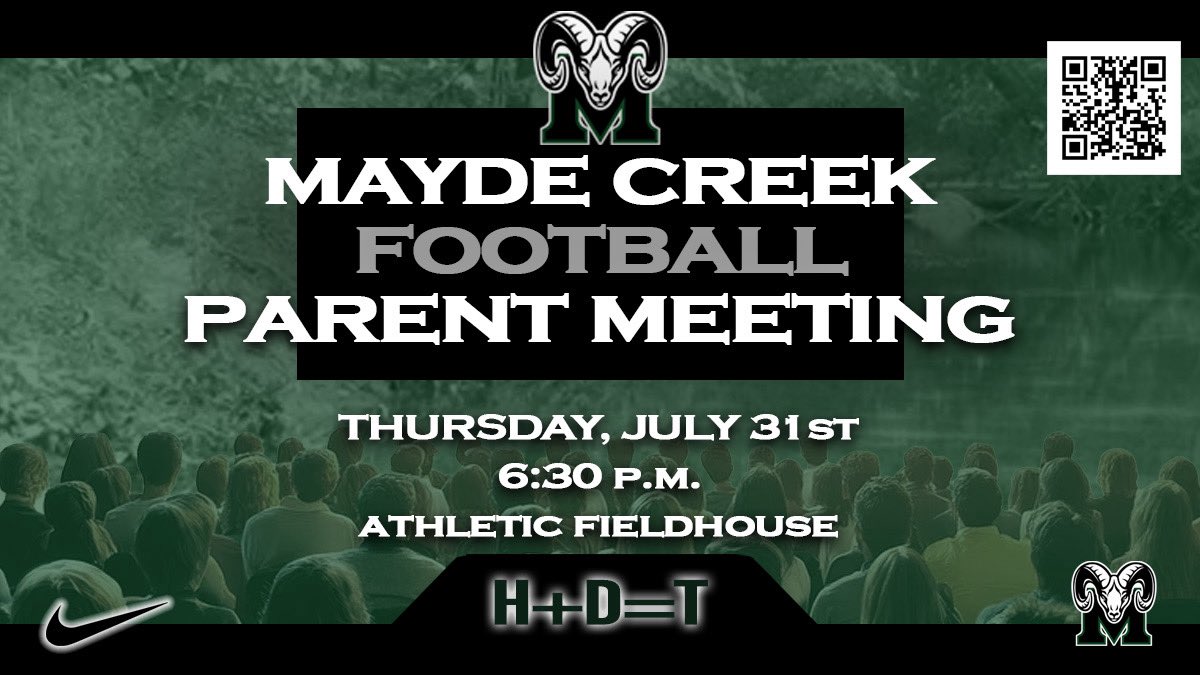 MAYDE CREEK RAMS (@mcramfootball) on Twitter photo PARENTS!!!!
Make sure to set a reminder to attend our Parent Meeting this Thursday!
Hear from <a href="/CoachAro44/">Mike Arogbonlo</a> and meet the rest of the #CreekMayde coaching staff!!
Scan the QR code on the graphic to sign up! See you there!! PARENTS!!!!
Make sure to set a reminder to attend our Parent Meeting this Thursday!
Hear from <a href="/CoachAro44/">Mike Arogbonlo</a> and meet the rest of the #CreekMayde coaching staff!!
Scan the QR code on the graphic to sign up! See you there!!