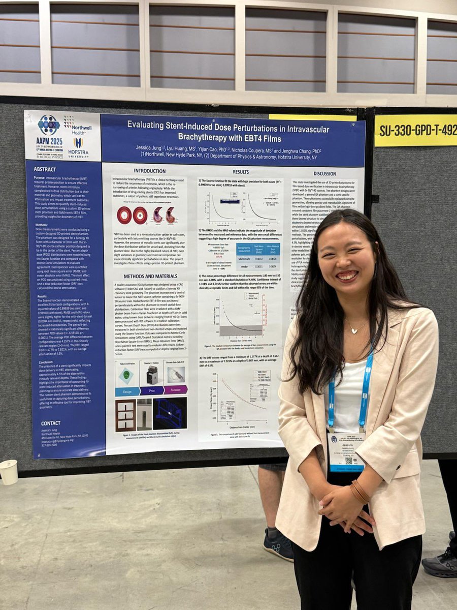 Students from HU MS in Med Phys Program had a strong showing with their research work at AAPM 2025 Annual Meeting. Jessica presented her interactive poster on 7/27 “Evaluating Stent-Induced Dose Perturbations in Intravascular Brachytherapy with EBT4 Films” Congrats Jessica!
