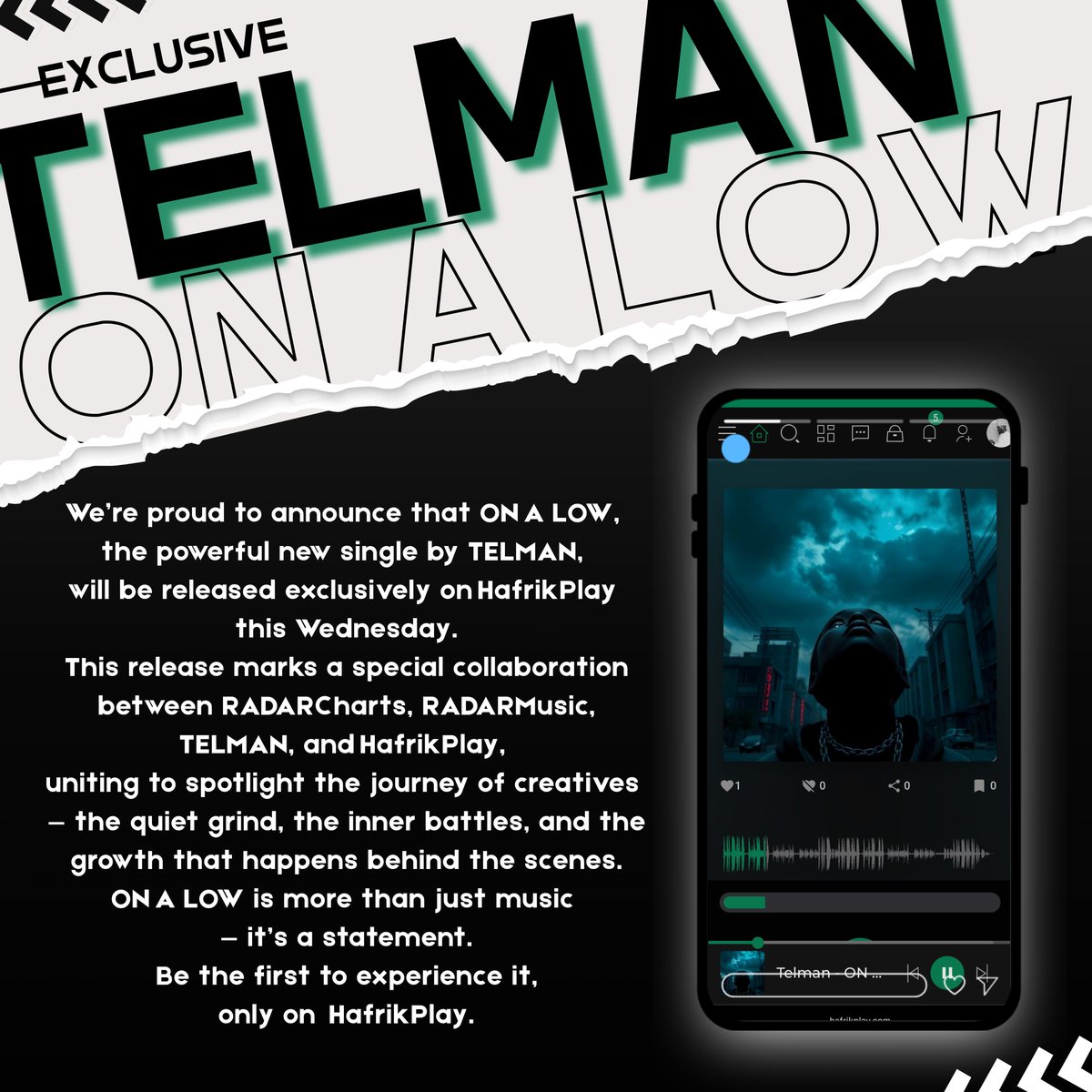RADARCharts's tweet photo. We’re proud to present ON A LOW by @newtelman — dropping exclusively this Wednesday on @Hafrikplay.
A RADARMusic x TELMAN collab telling the story of every creative’s quiet grind.
First listen. First access. Only on HafrikPlay.
#ONALOW #RADARCharts #HafrikPlayExclusive https://t.co/nQWeMXdK5j
