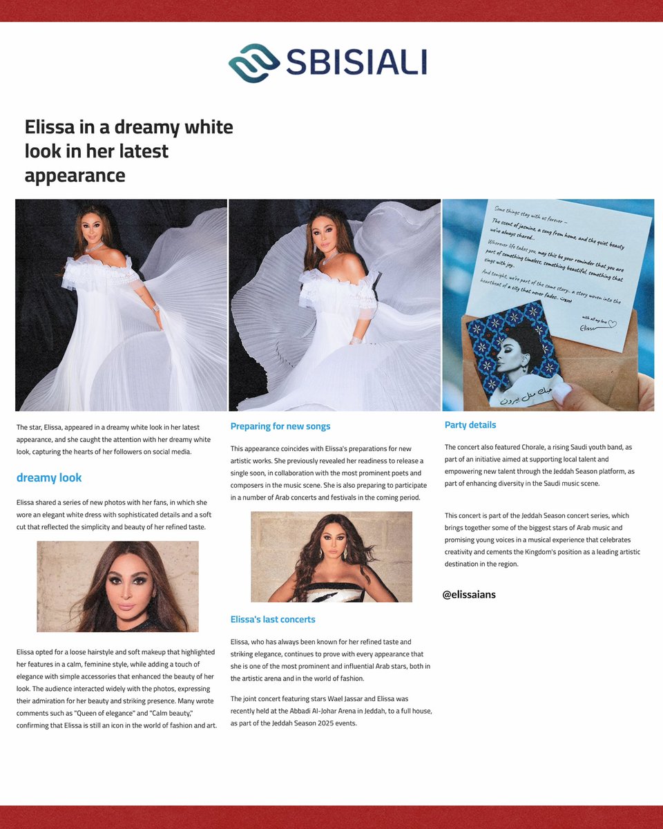 Elissaians's tweet image. Elissa in a dreamy white look in her latest appearance #اليسا_اعياد_بيروت
@elissakh @erecordsmusic
sbisiali.com/en/news/articl…