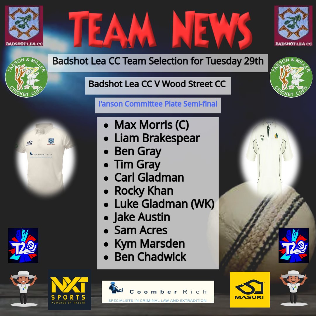 📢Team News- Semi-Final!!📢
Here's the line-up for our T20 Committee Plate Semi Final. We host Wood Street Village CC at home looking to make our first finals day. If you're in the area, why not come down and show your support. Let's goooo...