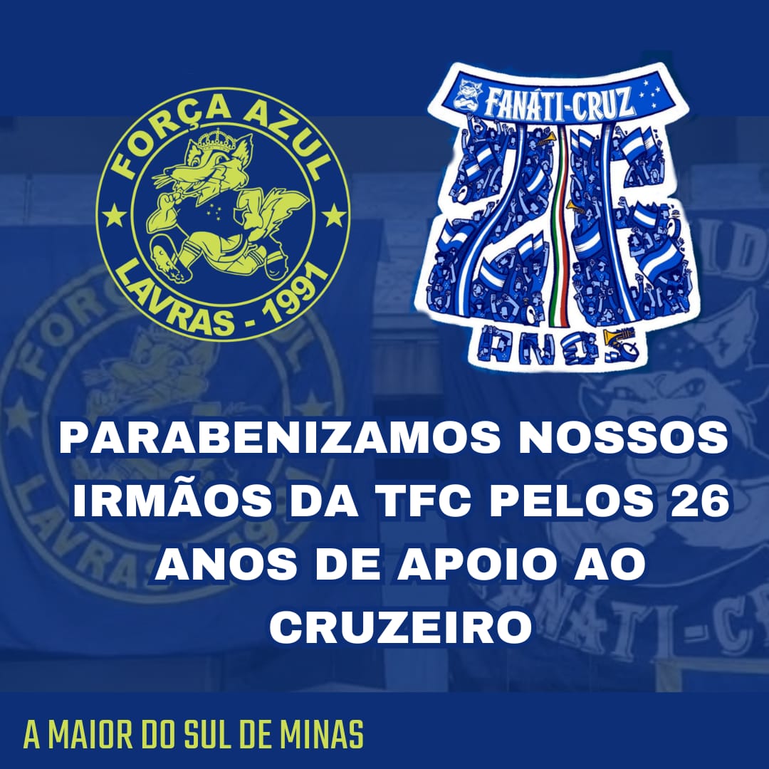 Parabenizamos os irmãos da <a href="/TFCFanatiCruz/">Torcida Fanáti-Cruz</a> pelos 26 anos história. Viva a barra do Cruzeiro!