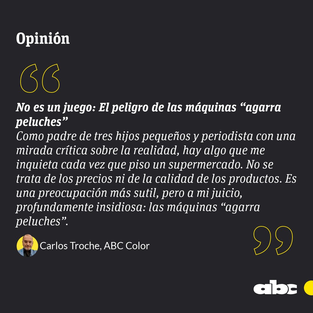 #OpiniónABC | No es un juego: El peligro de las máquinas “agarra peluches”, por <a href="/TrocheCarlos/">Carlos Troche</a>.

abc.com.py/opinion/2025/0…

⭕️WhatsApp: whatsapp.com/channel/0029Va…
