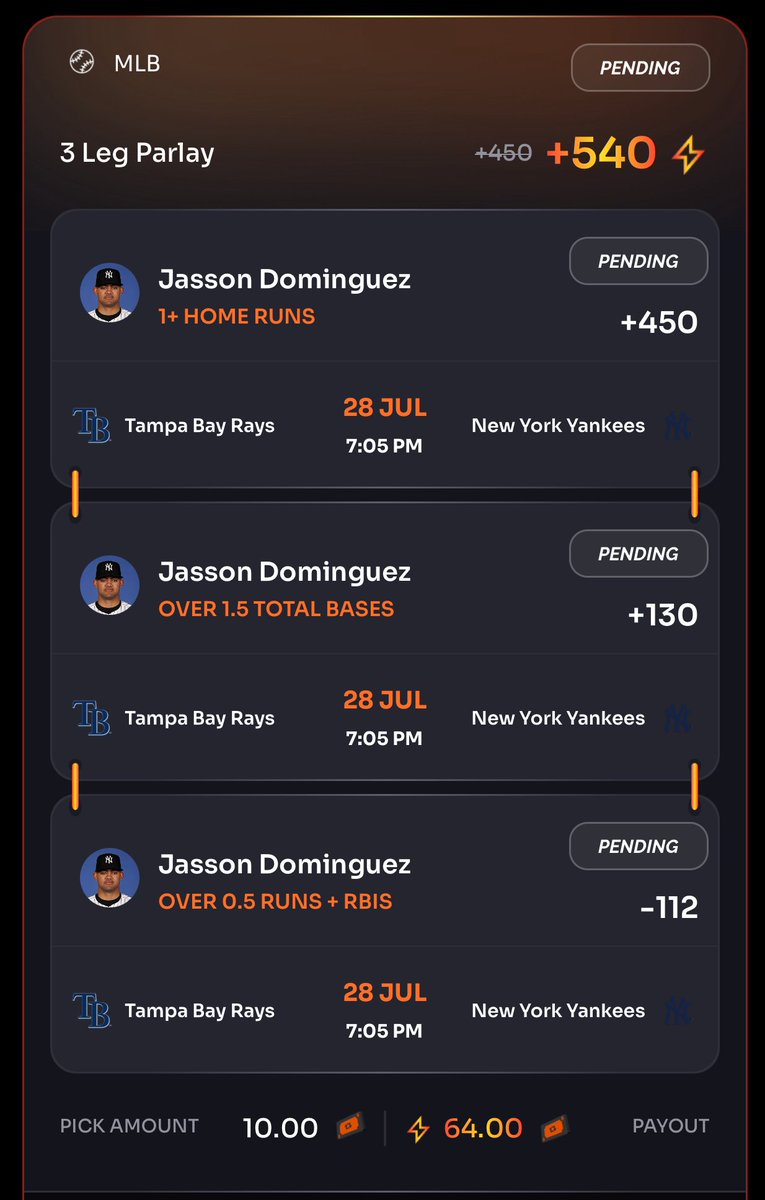 GhostEVplays's tweet image. ⚾️ Rebet MLB Yankees v Rays SGP Boost
⚾️ +540 Dominguez HR Build (FV +532.14)
+EV: 1.25%
Playing: 0.10 Units
#rebet #sports #mlb #baseball #yankees #rays