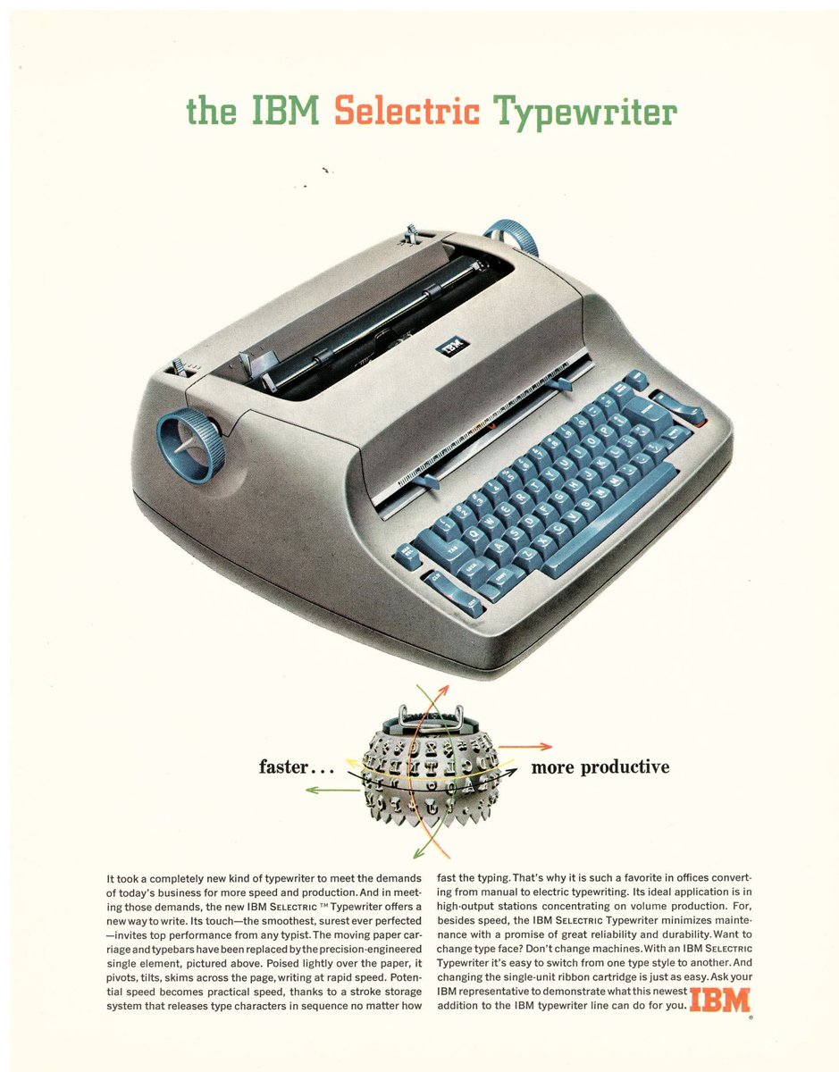 retrocompmx's tweet image. 𝐋𝐚 𝐈𝐁𝐌 𝐒𝐞𝐥𝐞𝐜𝐭𝐫𝐢𝐜 es una máquina de escribir eléctrica introducida por IBM el 27 de julio de 1961 se convirtió en un hito en la historia. Diseño revolucionario ofrecía varias mejoras en comparación con la competencia del día.
#retrocomputingmx #Selectric #TechHistory