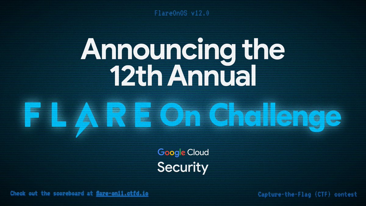 Mandiant's tweet image. The 12th Annual Flare-On Challenge kicks off Sept 26 at 8PM EST!
Reverse engineering pros, from Windows to Web3 (with a YARA twist), it's your time to shine. 🏆
Get ready → bit.ly/4ofb5g8
#FlareOn12