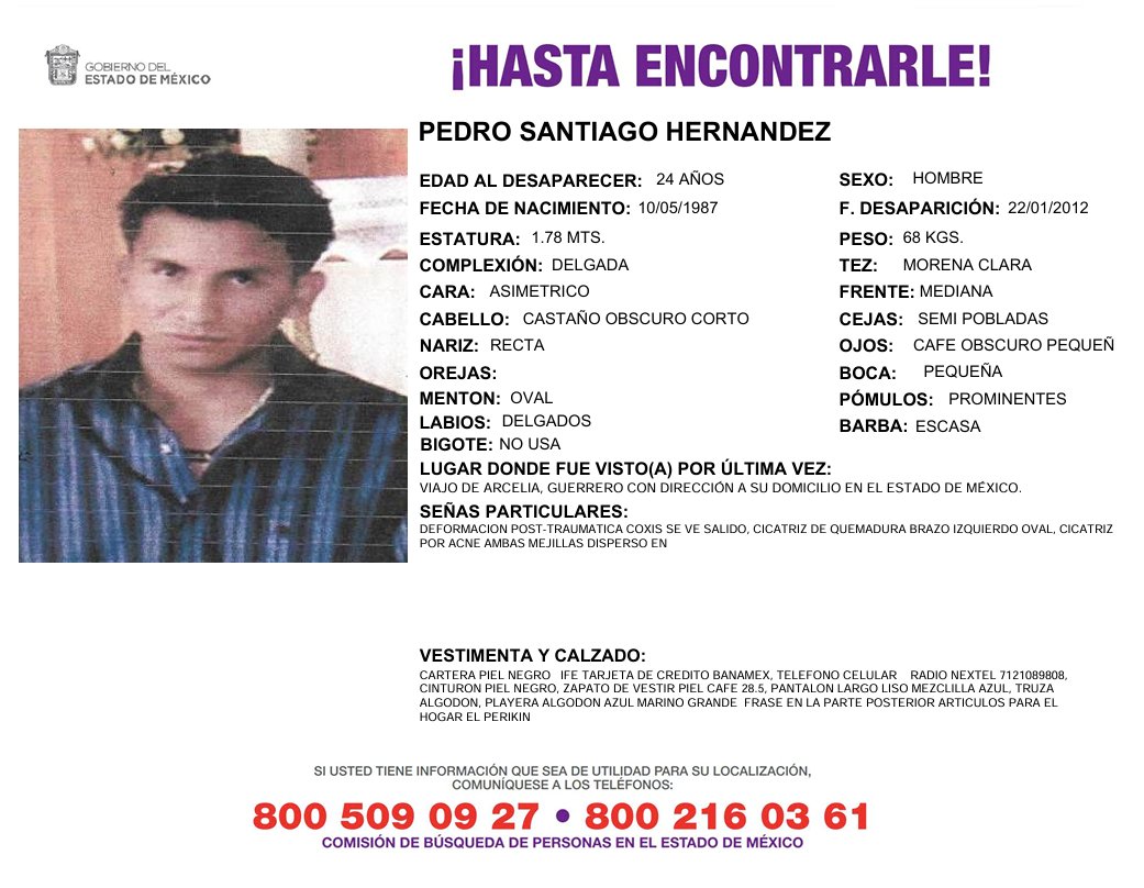 Solicitamos de tu apoyo en difusión para dar pronta localización a Pedro Santiago Hernández, comunícate a los teléfonos de COBUPEM 800 216 0361, 800 509 0927. #TodosEnLaBúsqueda