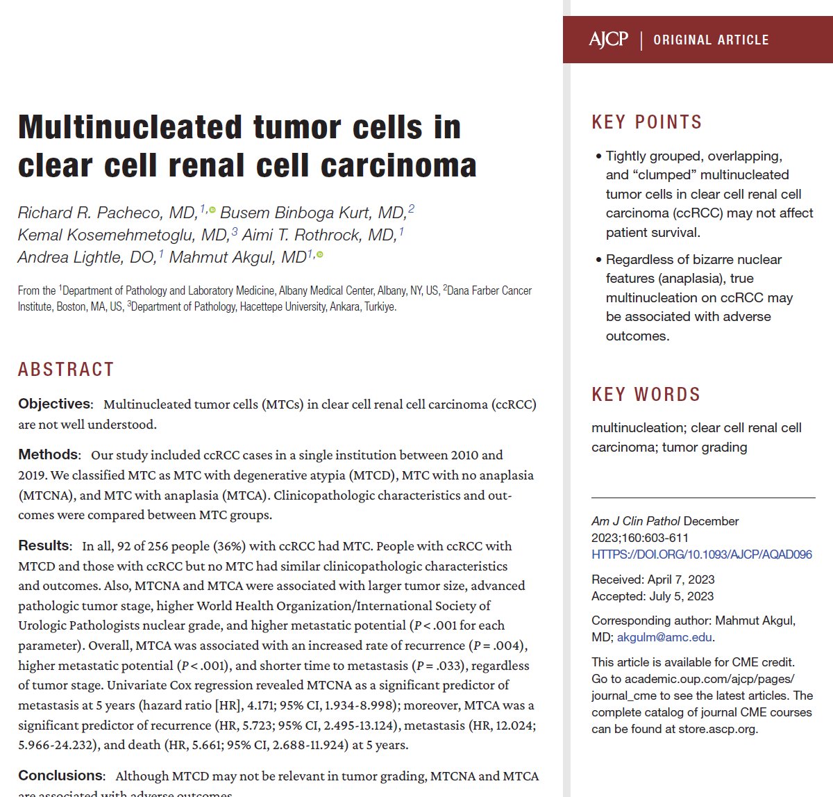 #GUpath grading of multinucleate tumor cells in RCC is a bit controversial - some apply WHO/ISUP and render grade 4, others grade 3/descriptive

✅some data but more needed!
🔬to me these are different than "syncytial-type" multinucleate giant cells which I consider bad/grade 4