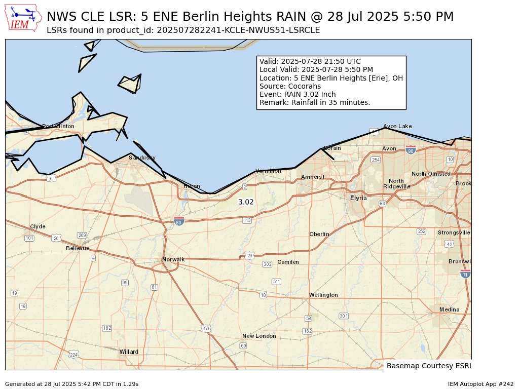iembot_cle's tweet image. At 5:50 PM EDT, 5 ENE Berlin Heights [Erie Co, OH] Cocorahs reports Rain of 3.02 Inch. Rainfall in 35 minutes. #ohwx mesonet.agron.iastate.edu/lsr/?by=wfo&amp;amp;wf…