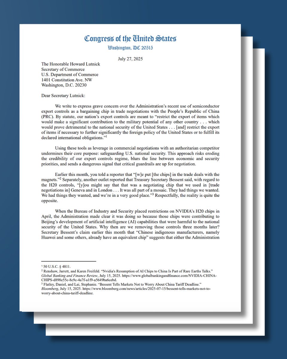 House Foreign Affairs Committee Dems (@houseforeign) on Twitter photo Ranking Members <a href="/RepGregoryMeeks/">Rep. Gregory Meeks</a> and <a href="/CongressmanRaja/">Congressman Raja Krishnamoorthi</a> sent a joint letter to Commerce Secretary Howard Lutnick condemning the Trump administration’s use of semiconductor export controls as negotiating leverage in trade talks with the People’s Republic of China.
Read the full Ranking Members <a href="/RepGregoryMeeks/">Rep. Gregory Meeks</a> and <a href="/CongressmanRaja/">Congressman Raja Krishnamoorthi</a> sent a joint letter to Commerce Secretary Howard Lutnick condemning the Trump administration’s use of semiconductor export controls as negotiating leverage in trade talks with the People’s Republic of China.
Read the full