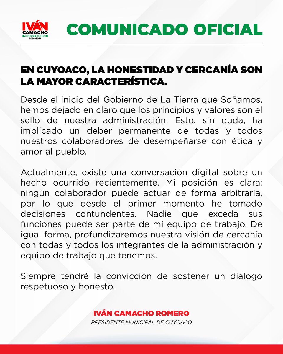 En Cuyoaco la ética pública nos permite construir #LaTierraQueSoñamos⛰️ 

Les comparto el siguiente comunicado 👇