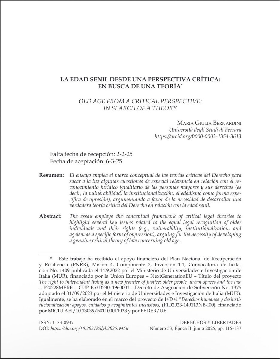 📘 #RevistaDerechosyLibertades Nº 53 (2025) <a href="/idhbc_uc3m/">Derechos Humanos (IDHPB)</a> <a href="/uc3m/">UC3M</a> <a href="/dykinsonlibros/">Librería - Editorial Dykinson 📚</a>

📣 Hoy en la sección #Monográfico 📖 “La edad senil desde una perspectiva crítica: en busca de una teoría” a cargo de #MariaGiuliaBernardini

⬇️ ¡Léelo aquí! ⬇️ #OpenAccess
🔗 doi.org/10.20318/dyl.2…