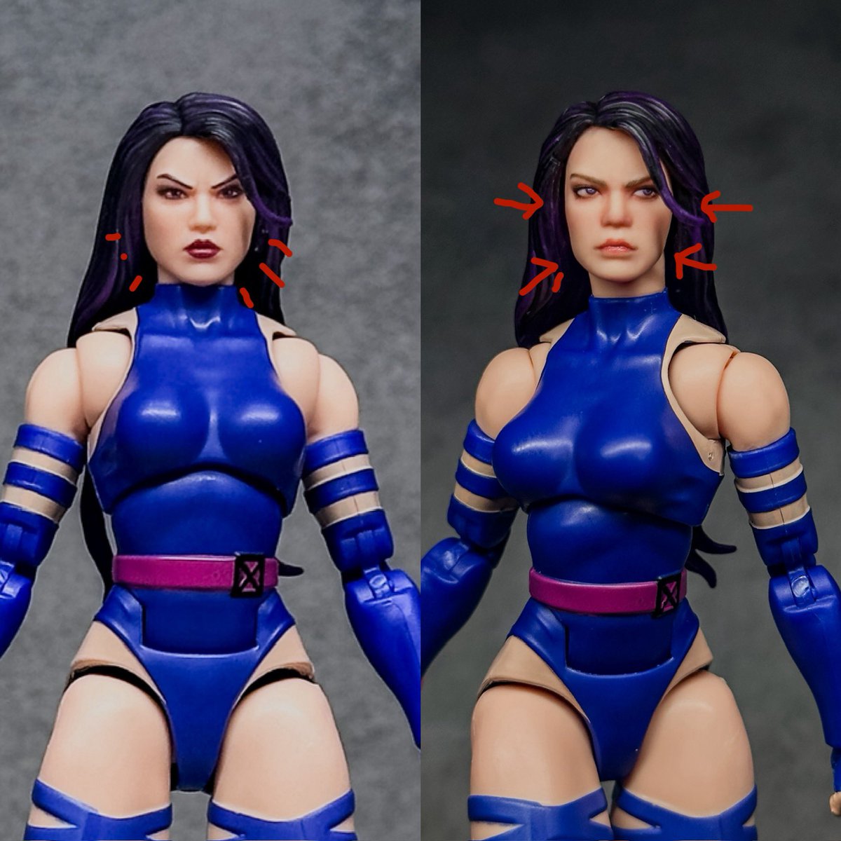 bucky_spike's tweet image. マーベルレジェンド ゲーマーバース
X-MEN サイロック ②
ヘッドに関しては、
求心顔の印象で髪と顔の境界線が違和感があったので、パーツを分離して、顎のラインを出し髪と顔の輪郭にメリハリをつけました。イカついアゴも少し削りバランス調整。…
