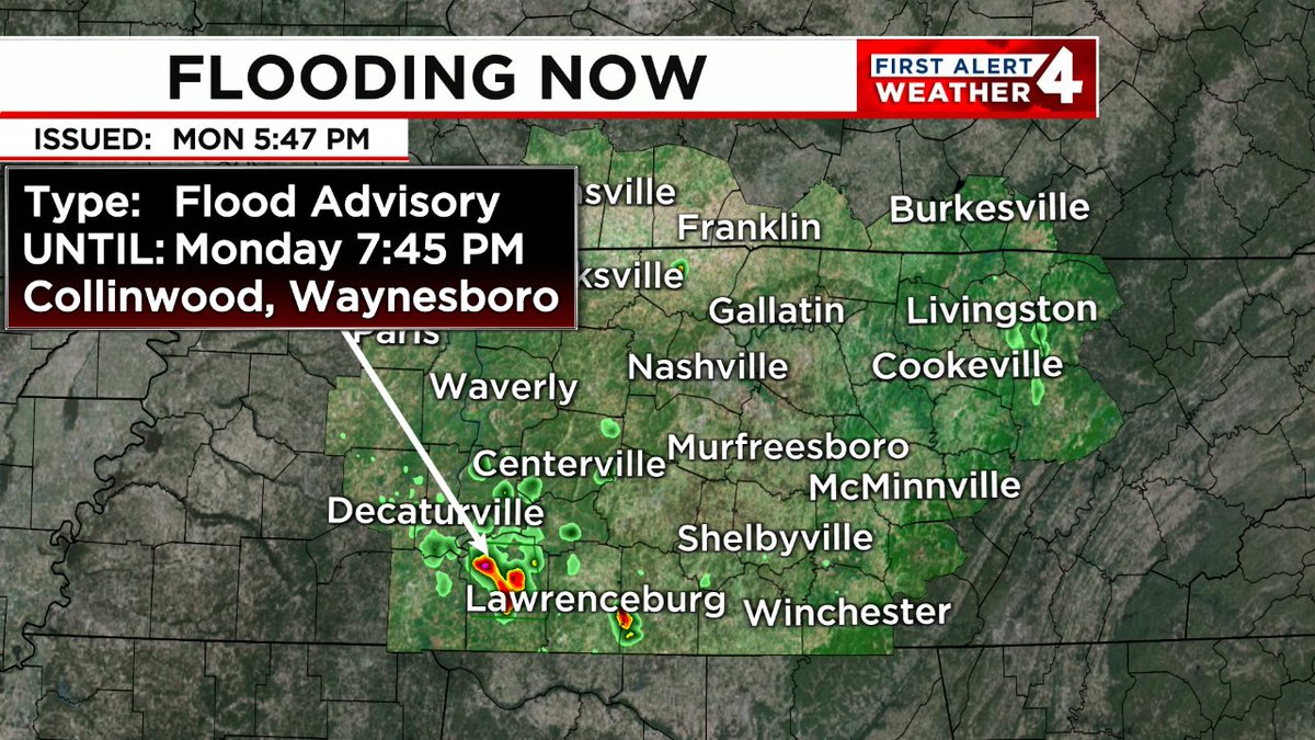 WSMV's tweet image. FLOODING IS OCCURRING. Turn around, don't drown! In the event of rising water, seek higher ground immediately. Tune to WSMV4 for the latest on this dangerous situation. #FirstAlert