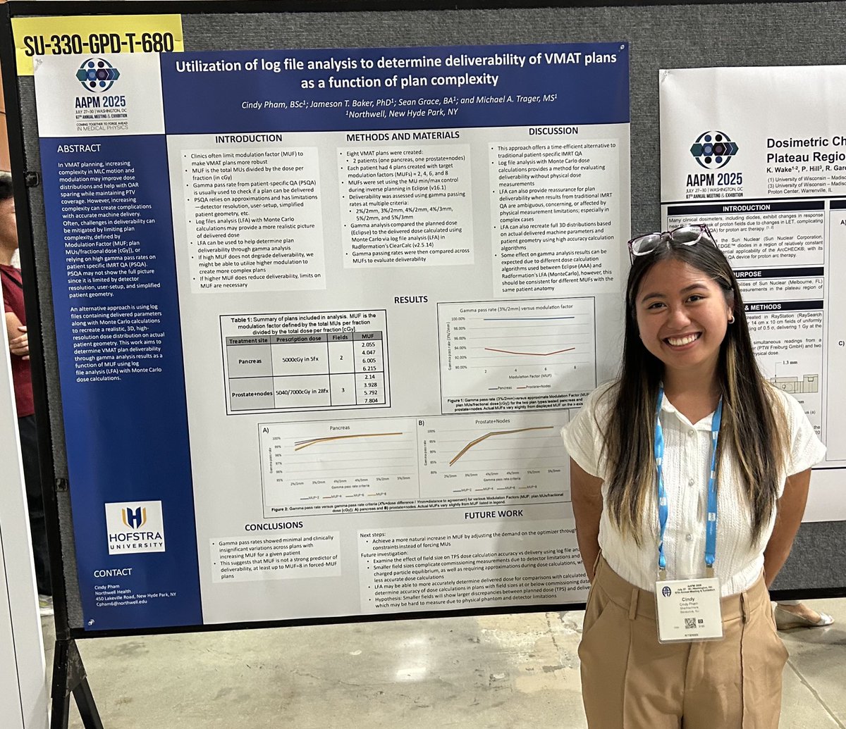 During the same interactive poster session, Cindy (Pham, HU Class of 2026) presented her research titled “Utilization of Log File Analysis to Determine Deliverability of VMAT Plans As a Function of Plan Complexity.” Congrats Cindy! Very nice work.