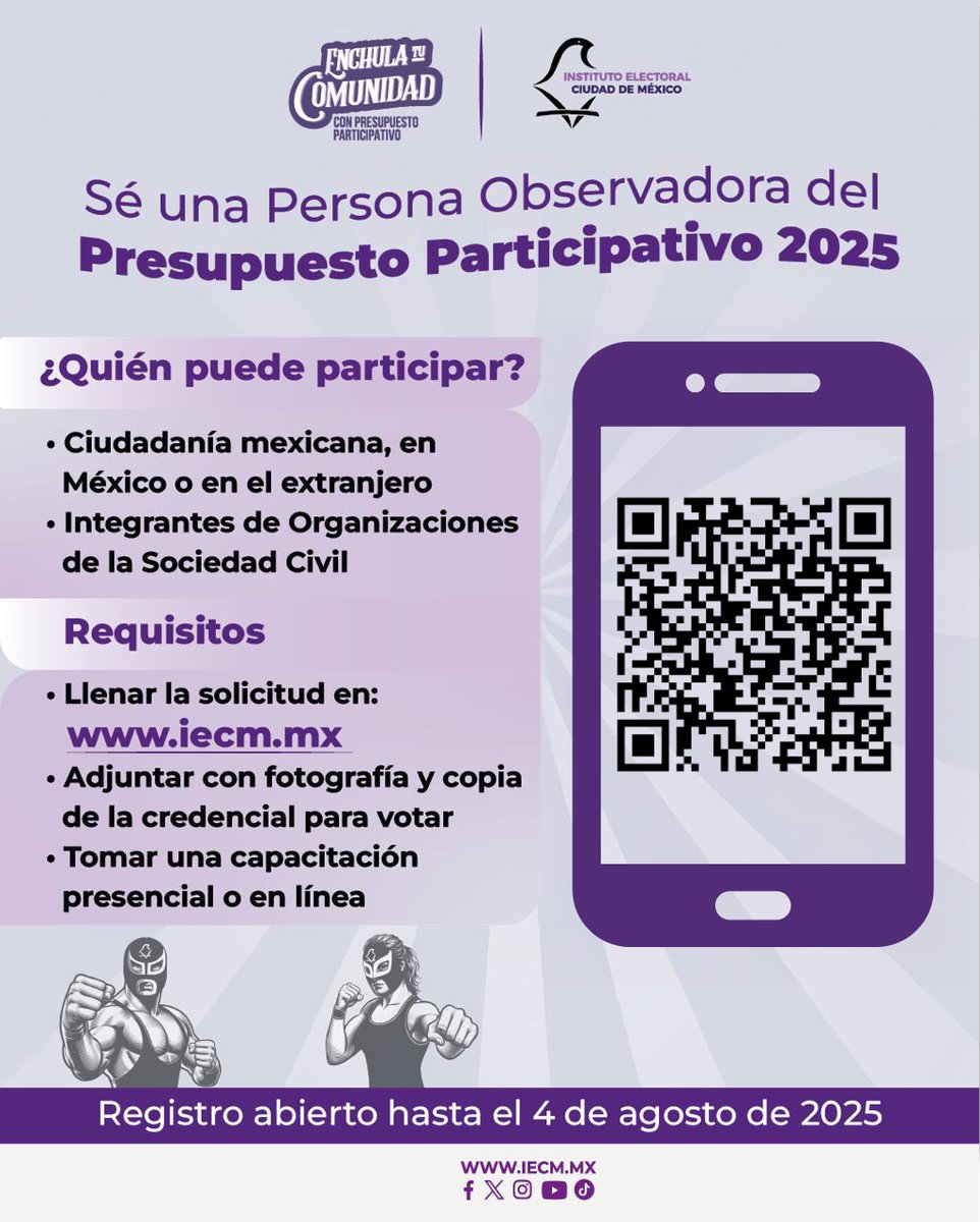 Regístrate como persona observadora de la Consulta de Presupuesto Participativo 2025, en la que vecinas y vecinos decidirán qué proyectos se realizarán en su comunidad.​
 📌 Tu participación fortalece la confianza en el proceso. 👉 iecm.mx/www/docs/consu…