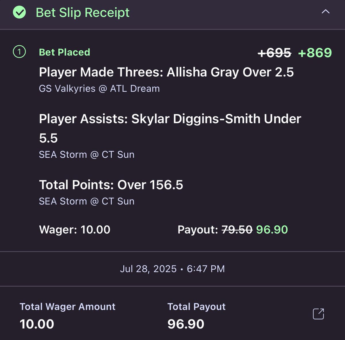 GhostEVplays's tweet image. 🏀 Onyx Odds WNBA SGP+ Boost
🏀 +869 (FV +800.49)
+EV: 7.66%
Playing: 0.10 Units
#onyx #onyxodds #sports #wnba #basketball