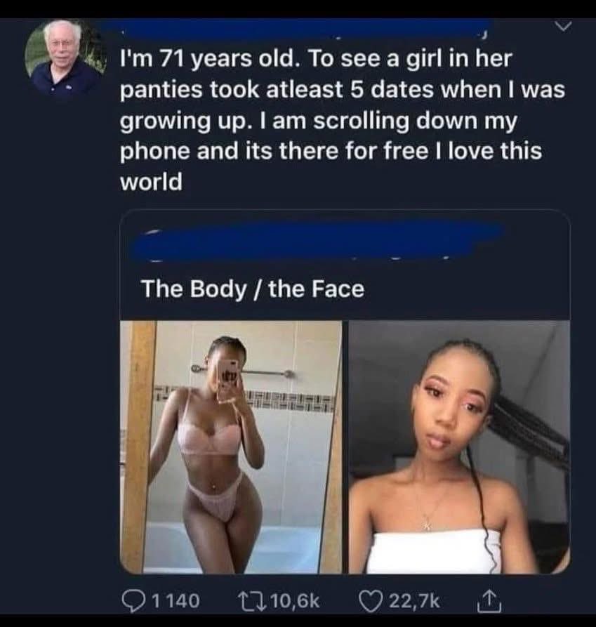 helen_mrow's tweet image. Zoomers? Blackpilling. Celibate. Hate women.
Boomers? Moisturized. In their zone. Gleefully horny posting.

Maybe boomers didnt live through the best of times but merely made the best of the time that was given to them.