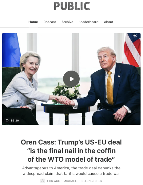 Trump increasing tariffs won't work because other nations will simply reciprocate with their own tariffs, said economists. But Trump's deals with the EU &amp; Japan decisively debunk that assumption and, <a href="/oren_cass/">Oren Cass</a> says, put "the final nail in the coffin of the WTO model of trade."